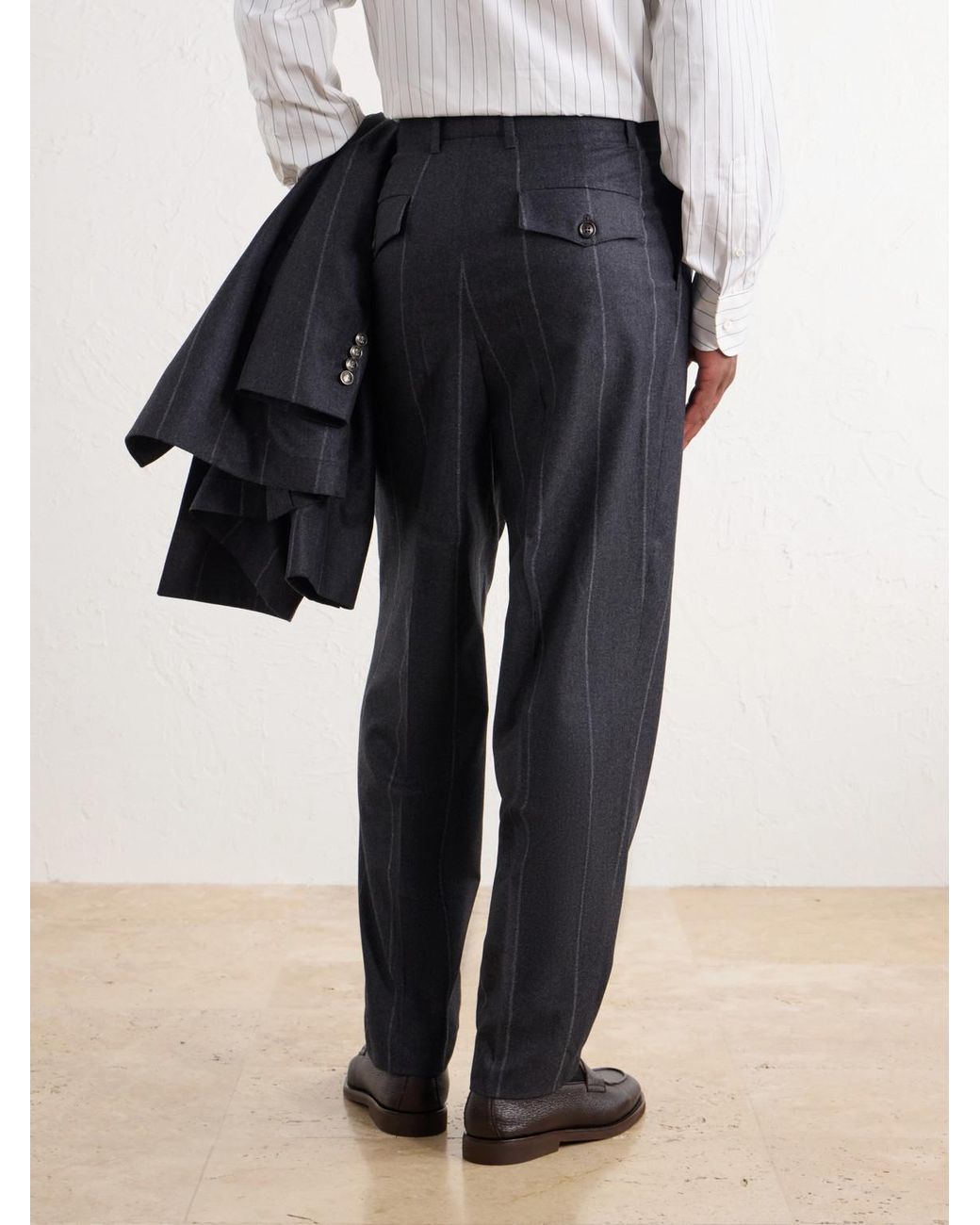 Brunello Cucinelli Blue Straight-Leg Pinstriped Pleated Wool, Silk And Cashmere-Blend Flannel Suit Trousers for men