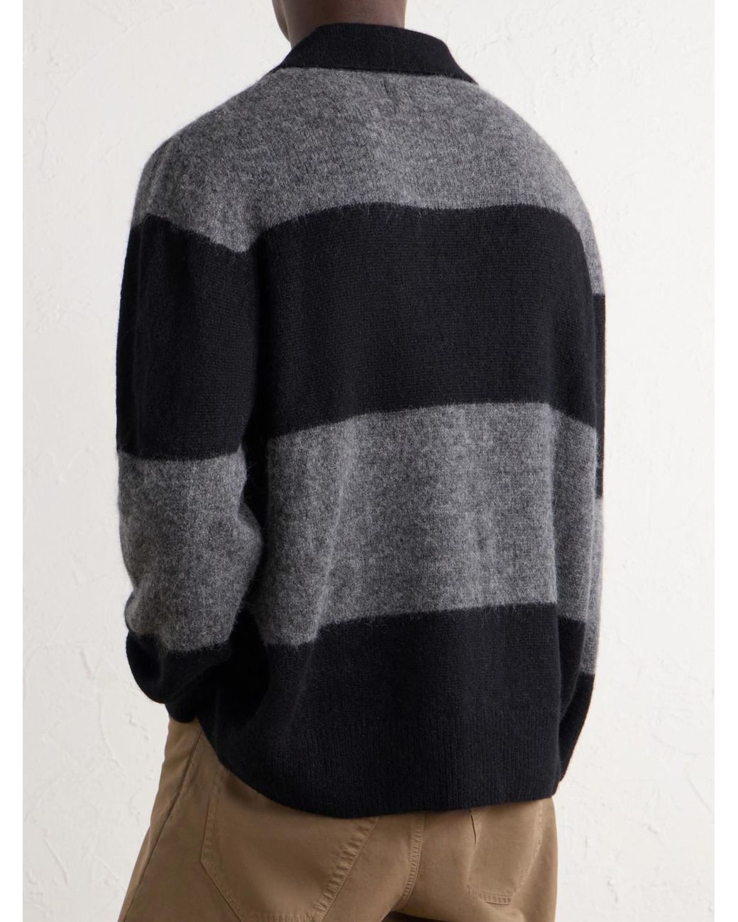 Corridor NYC Black Striped Woven Brushed Alpaca-Blend Polo Sweater for men