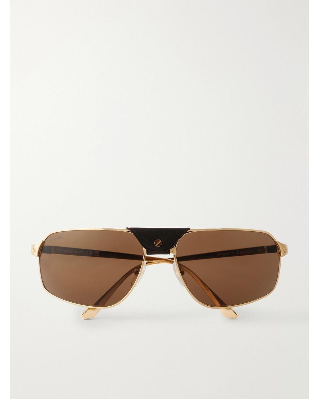 Cartier Brown Santos De Cartier Aviator-Style Leather-Trimmed-Tone Sunglasses for men