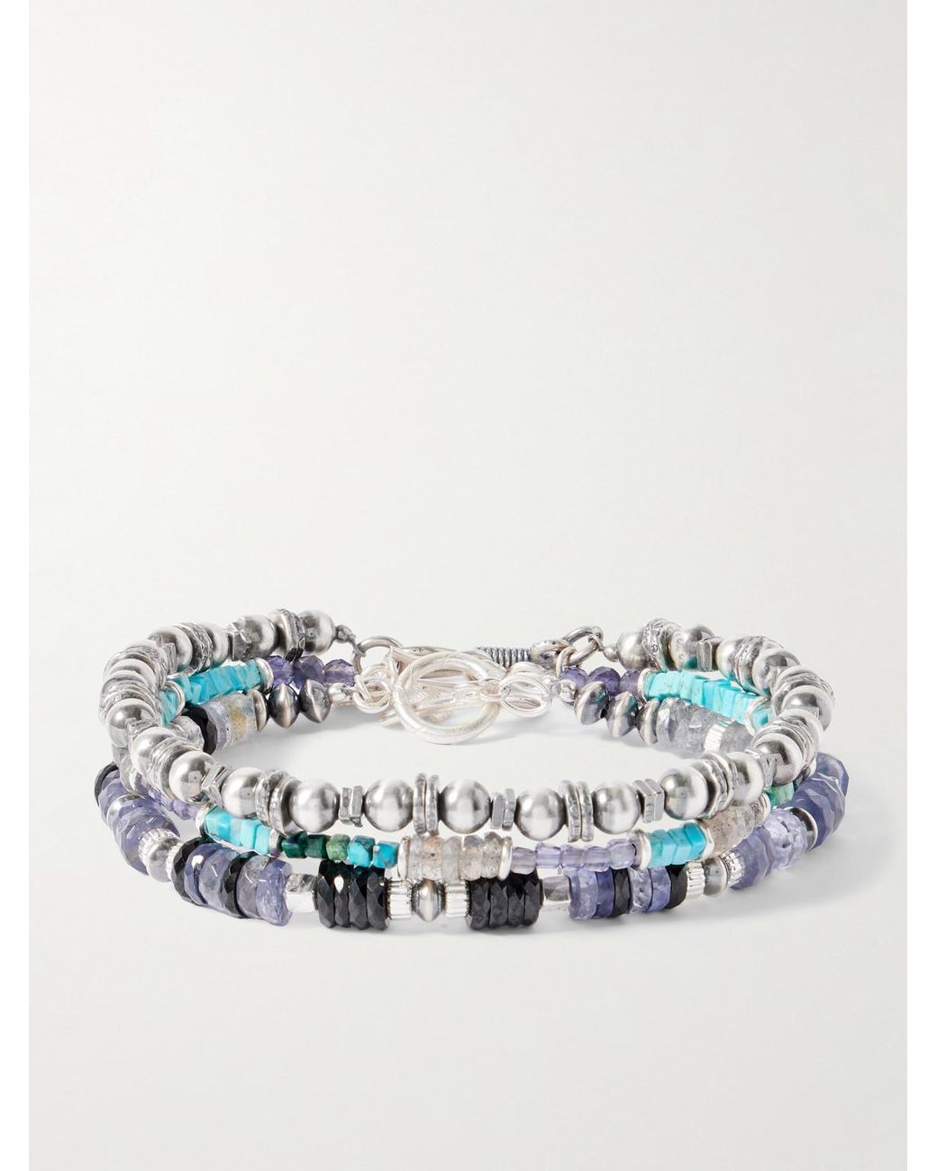 Peyote Bird Blue Set Of Three Sterling Silver Multi-stone Beaded Bracelets for men