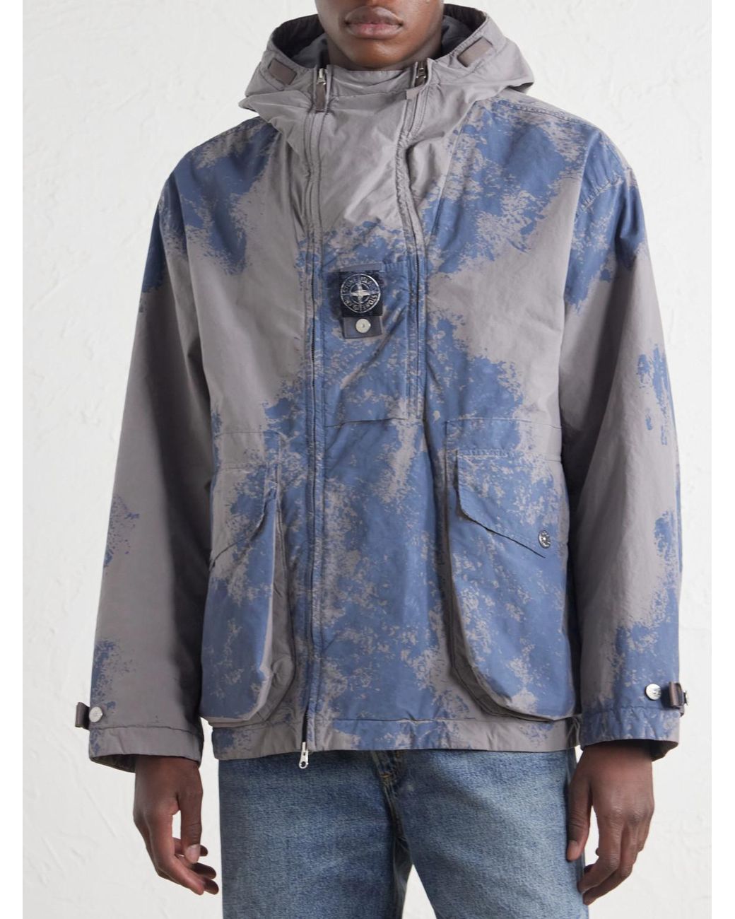 Stone Island Blue Garment-Dyed Paint-Splattered Shell Hooded Parka for men