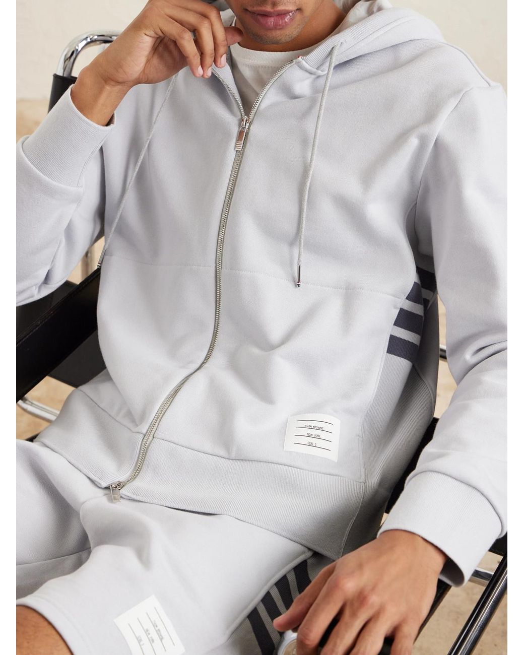 Thom Browne White Striped Colour-block Cotton-jersey Zip-up Hoodie for men