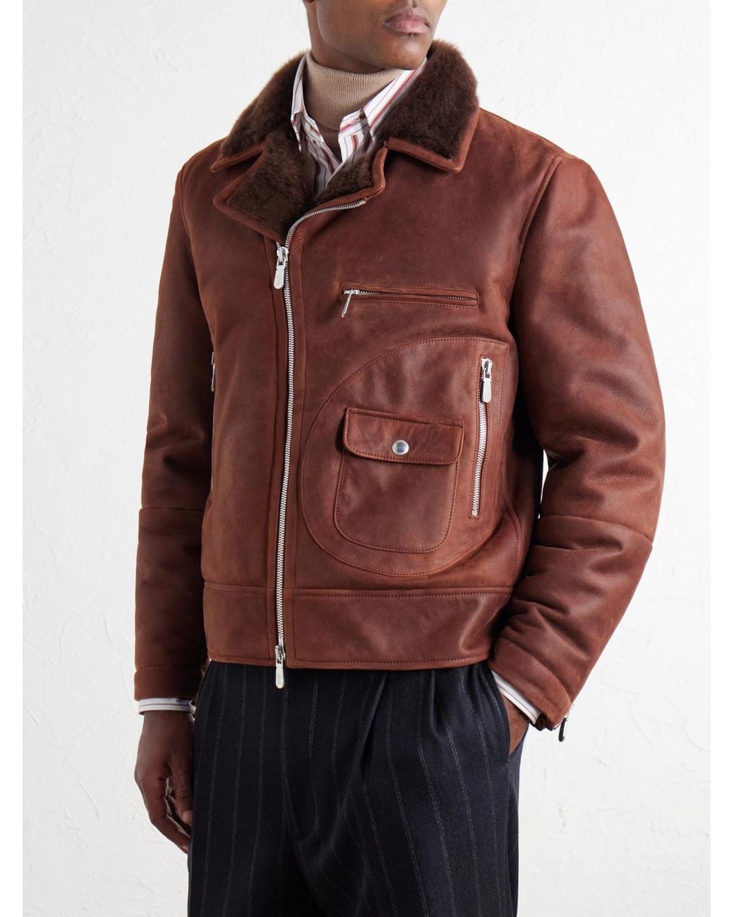 Brunello Cucinelli Brown Shearling-Trimmed Leather Jacket for men