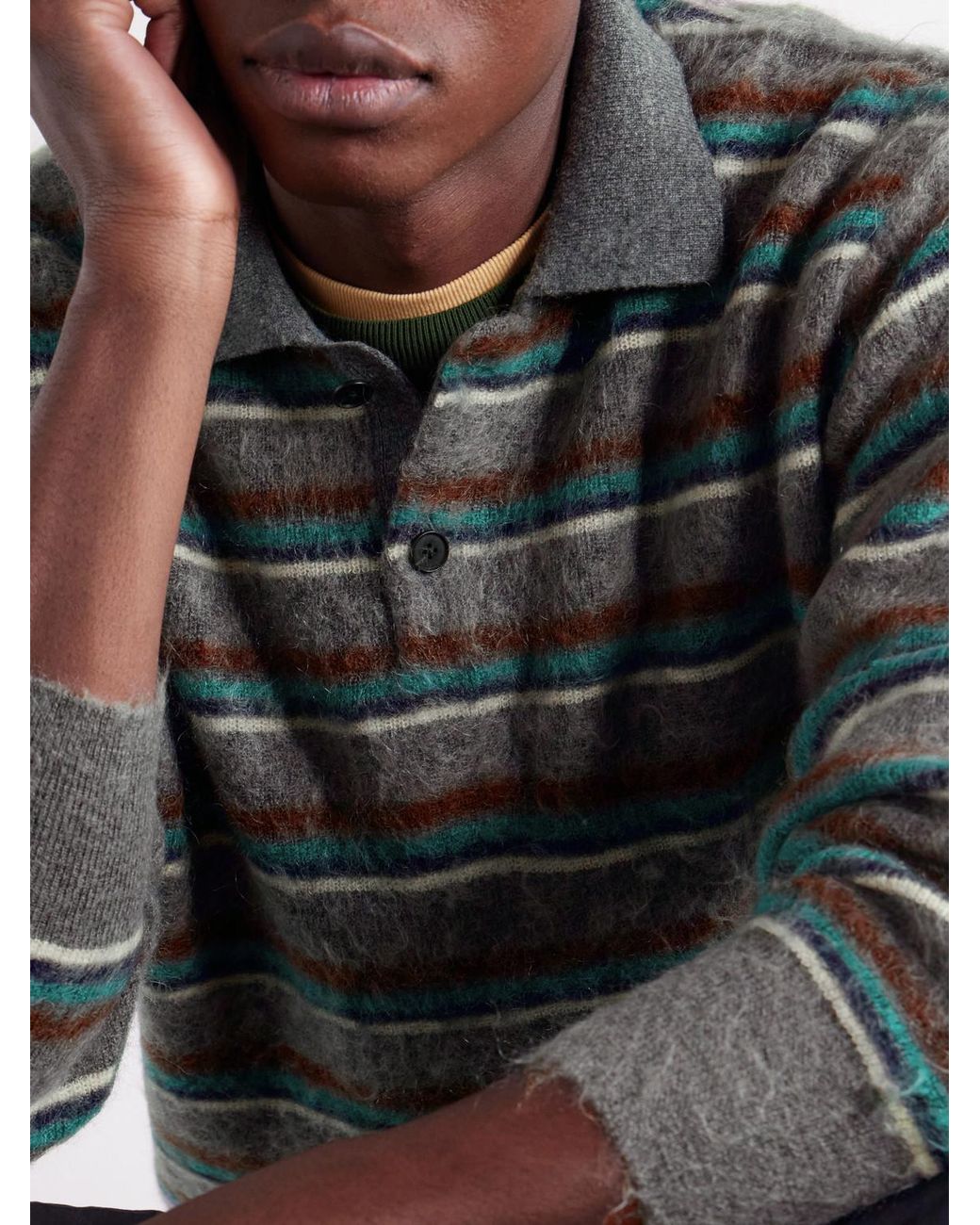Ssstein Gray Striped Brushed-Knit Polo Shirt for men