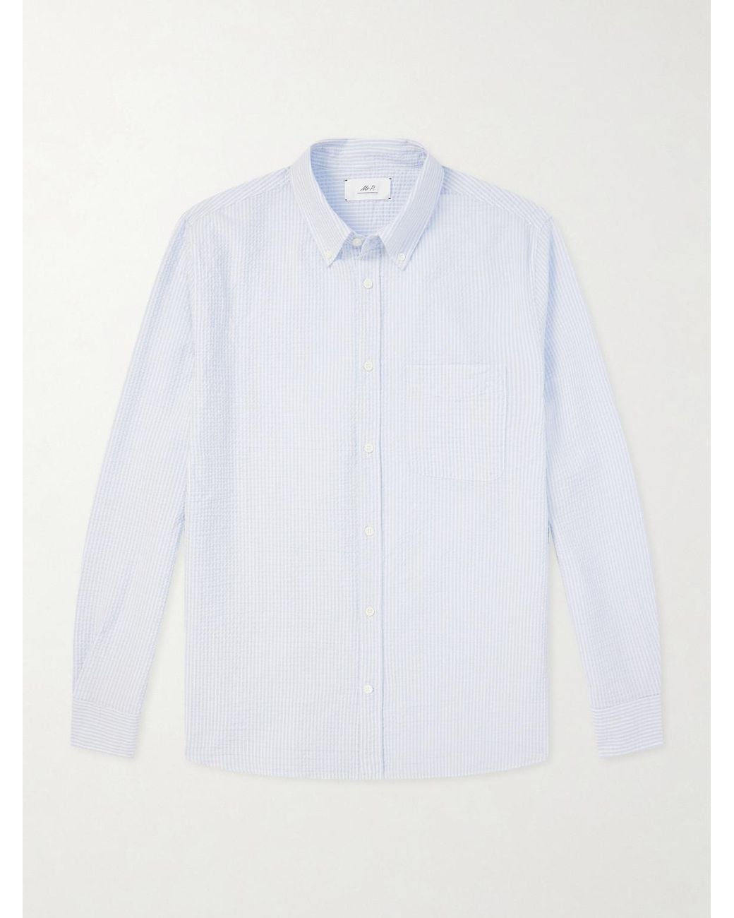 Mr P. White Button-Down Collar Striped Cotton-Seersucker Shirt for men
