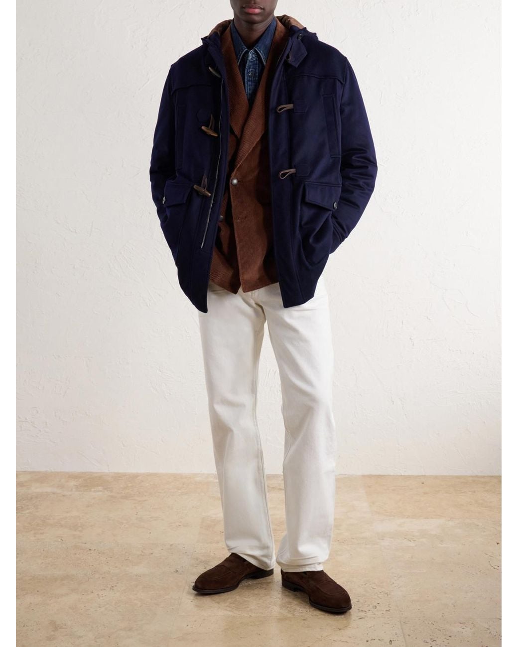 Canali Blue Montgomery Hooded Leather-Trimmed Wool And Cashmere-Blend Padded Parka for men