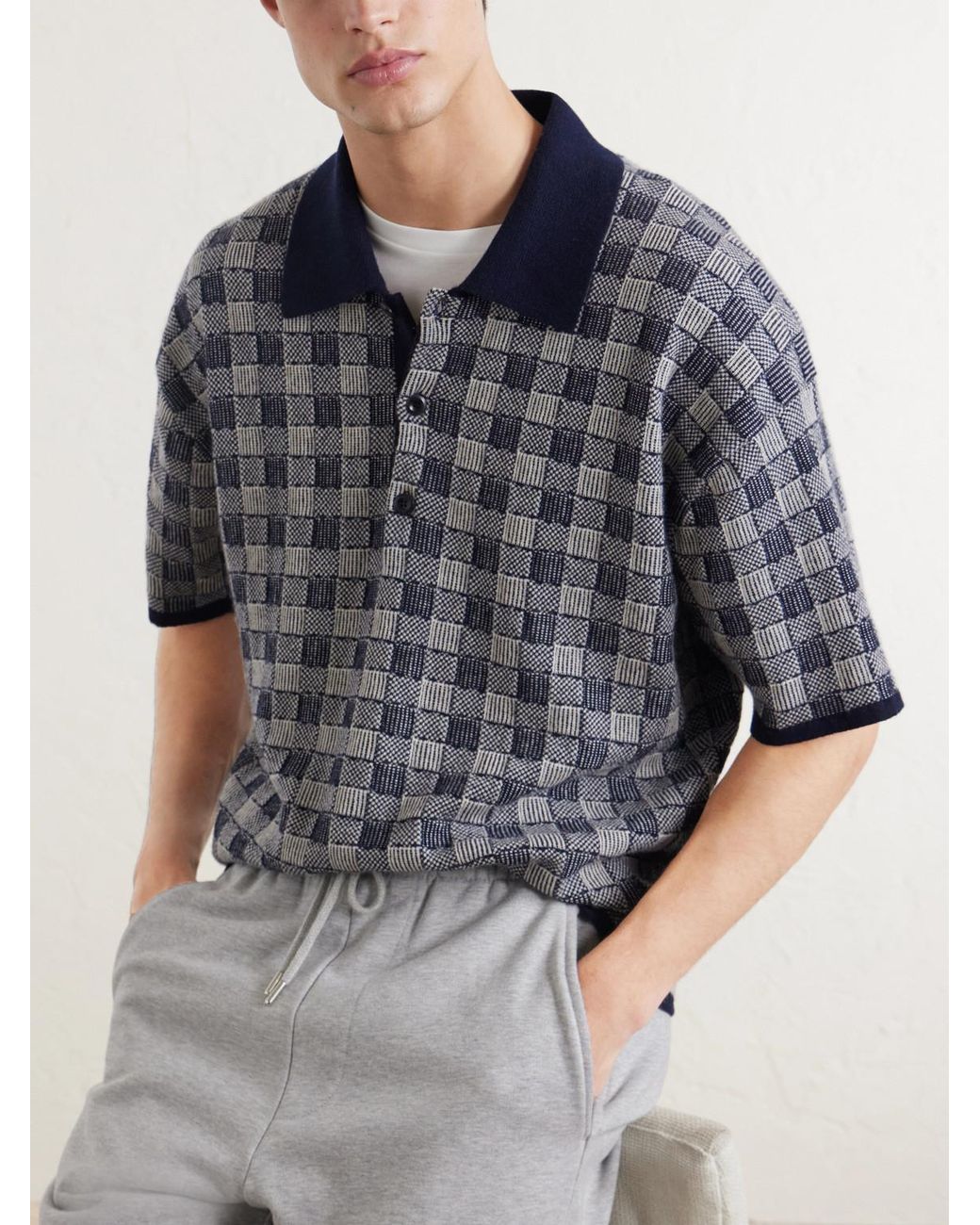 The Elder Statesman Gray Checked Cashmere Polo Shirt for men