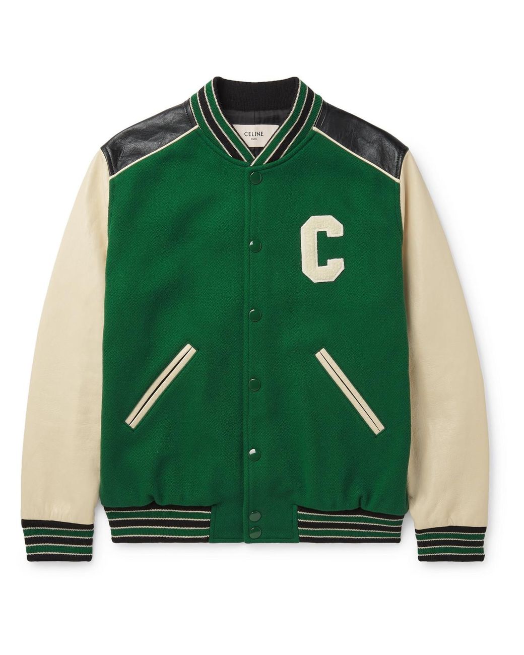 CELINE HOMME Appliquéd Wool-blend And Leather Varsity Jacket in Green for  Men | Lyst