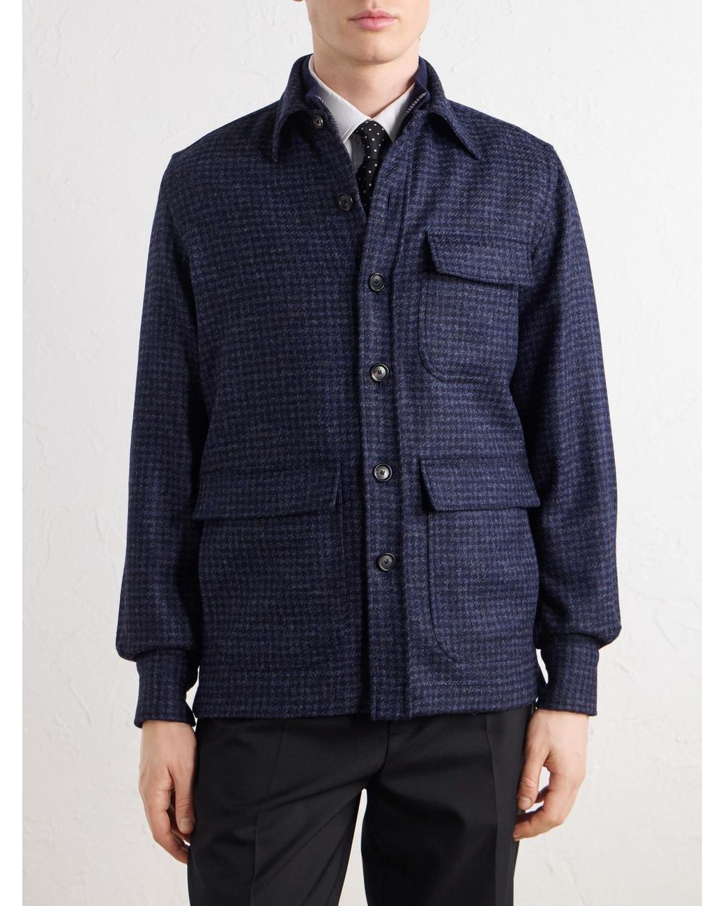 De Petrillo Blue Houndstooth Virgin Wool Overshirt for men