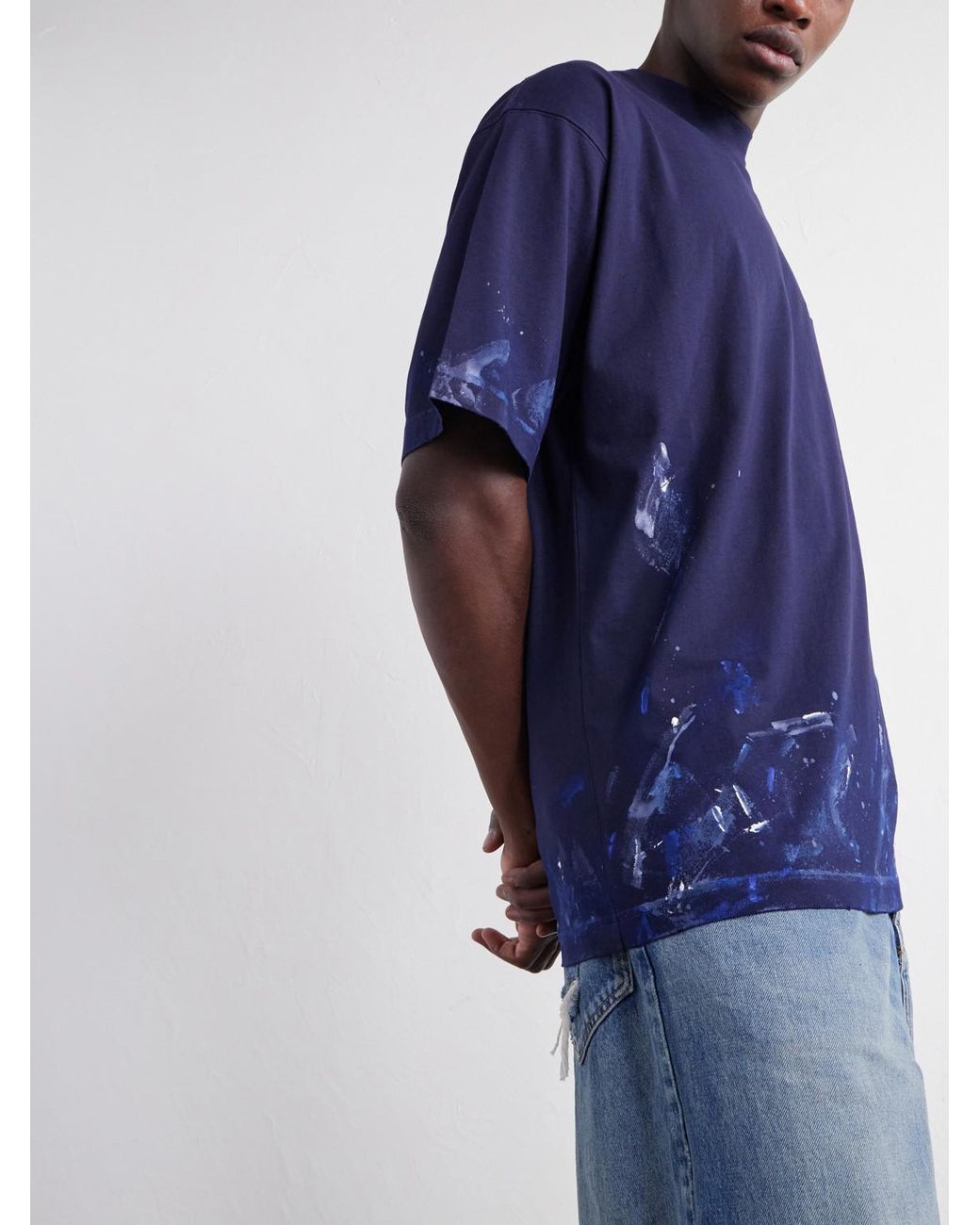 Balenciaga Blue Logo-embroidered Paint-splattered Cotton-jersey T-shirt for men