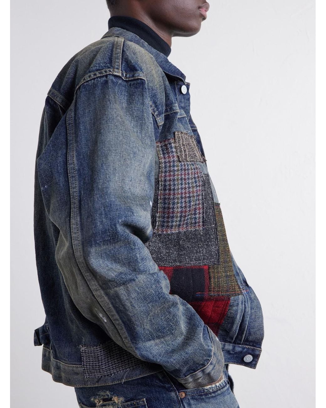 Junya Watanabe Blue Patchwork Distressed Paint-Splattered Denim Jacket for men