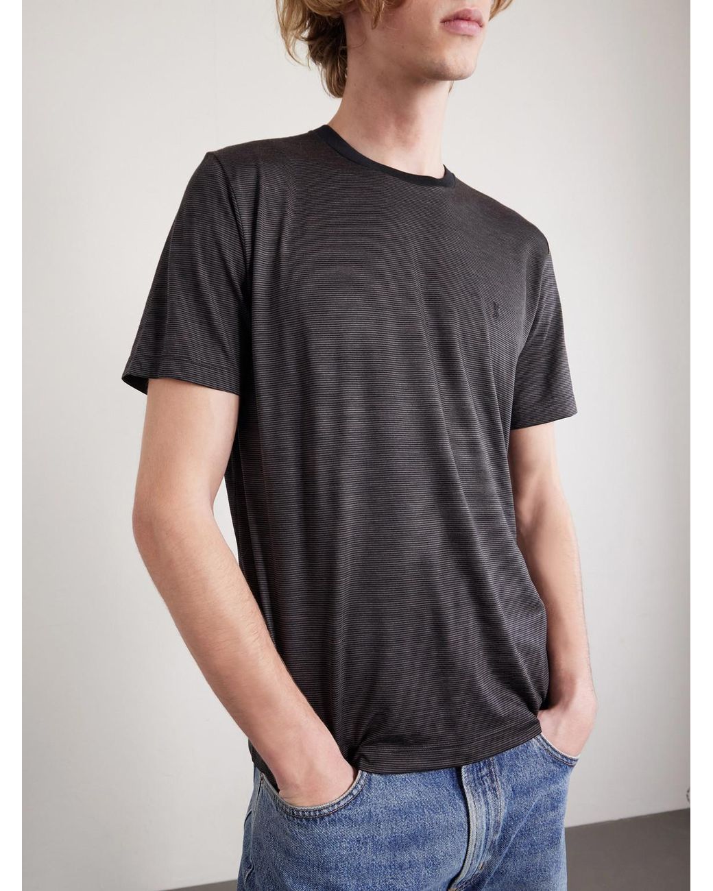 Saint Laurent Black Logo-embroidered Striped Cotton-jersey T-shirt for men