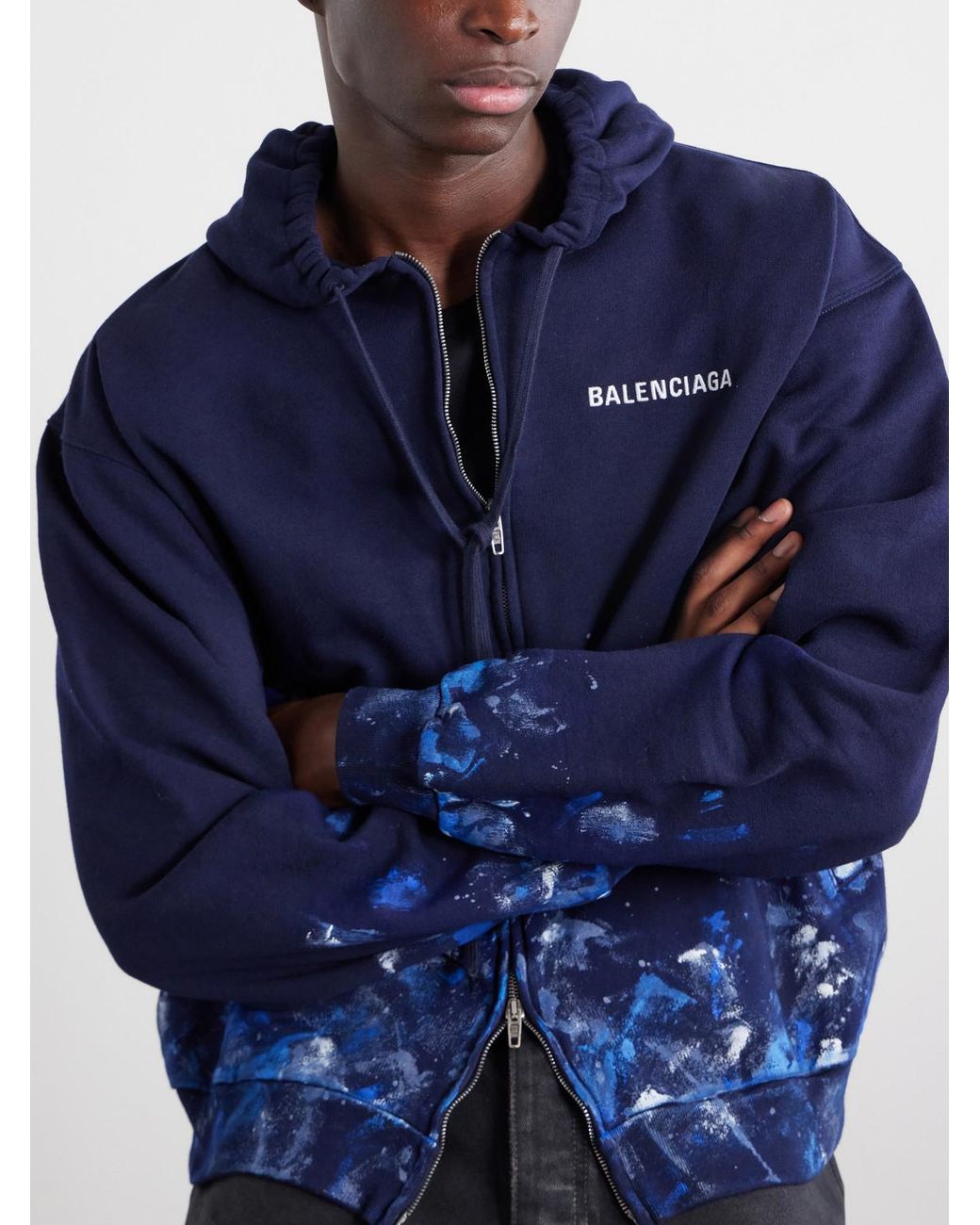 Balenciaga Blue Logo-embroidered Paint-splattered Cotton-jersey Zip-up Hoodie for men