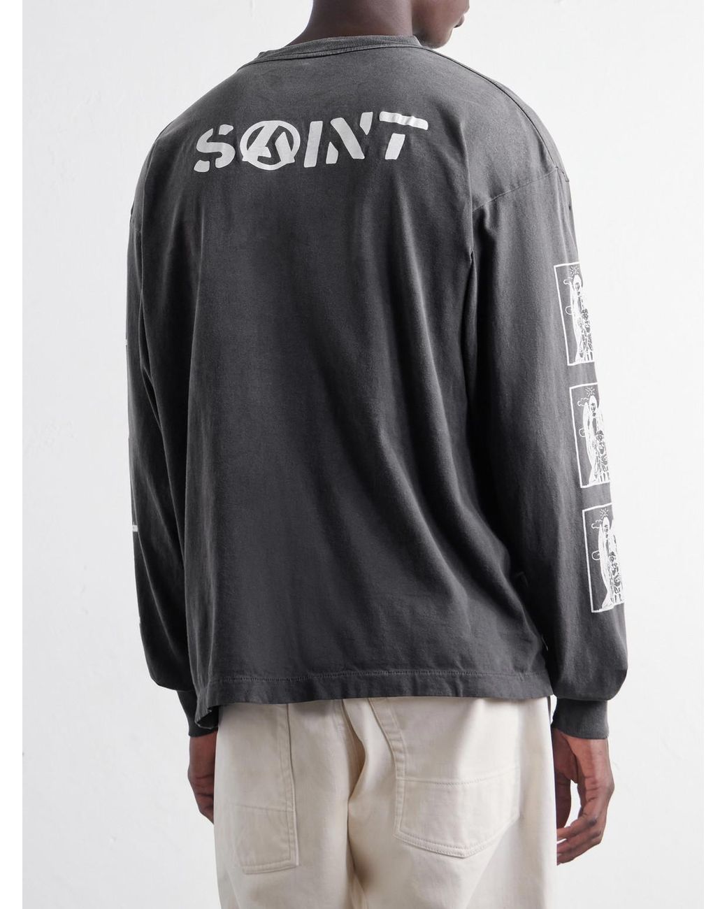 SAINT Mxxxxxx Gray Peace Printed Distressed Cotton-Jersey T-Shirt for men