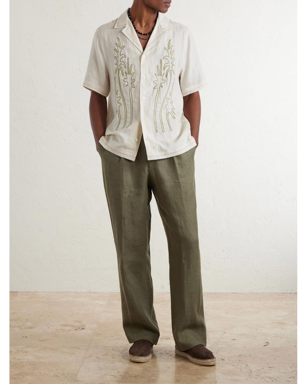 Frescobol Carioca White Alves Embroidered Linen Shirt for men