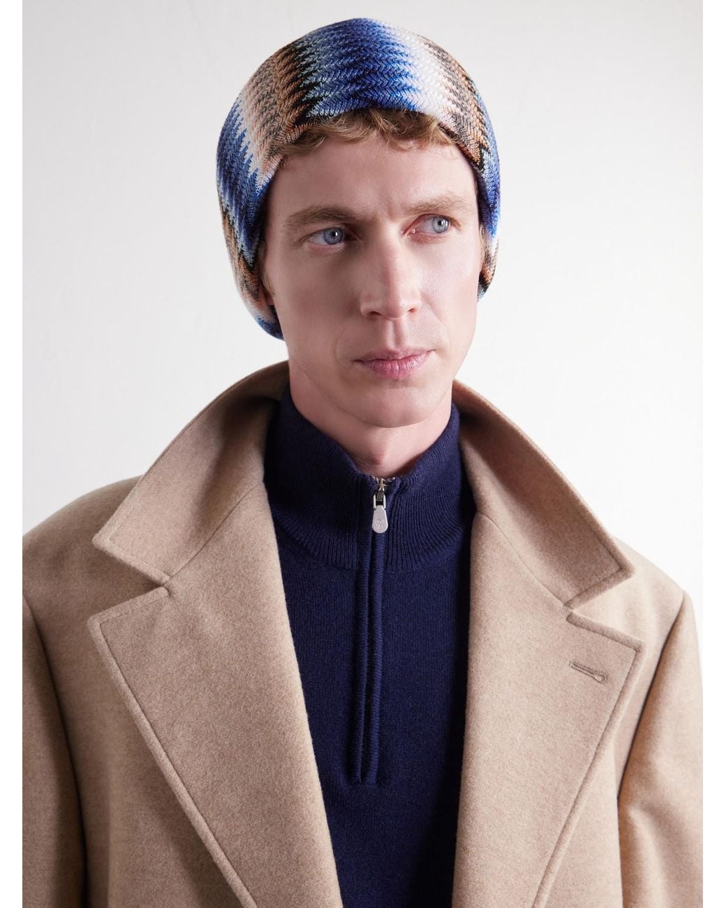Missoni Blue Striped Crochet-Knit Wool-Blend Beanie for men