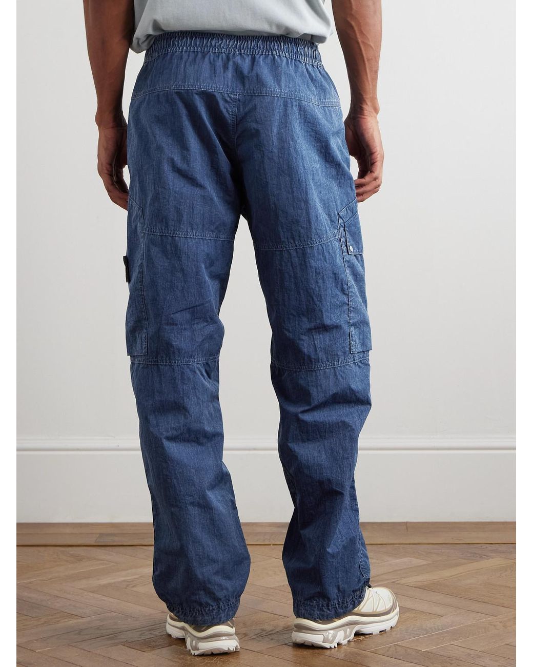 Stone Island Blue Denim Research Tapered Garment-Dyed Hollow Fiber Nylon-Tc Cargo Trousers for men