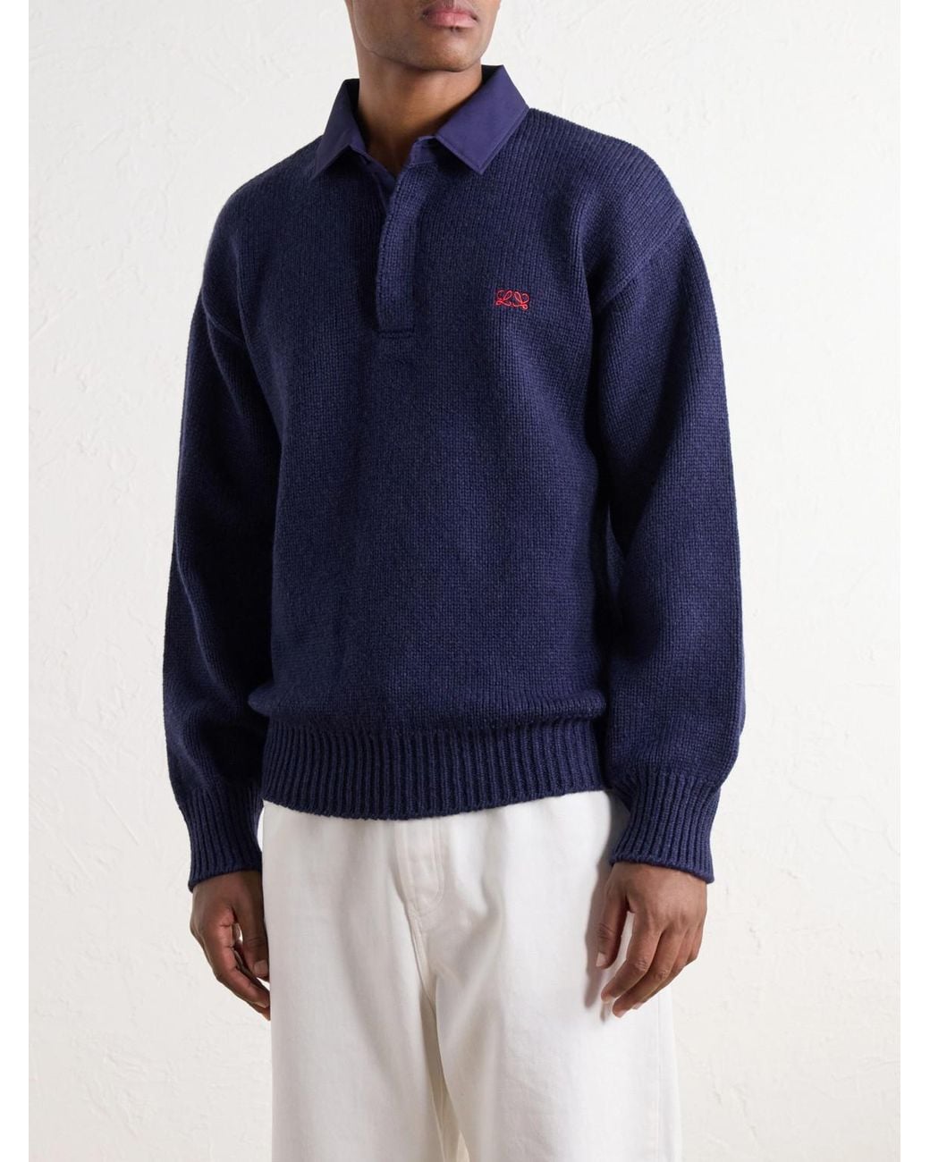 Loewe Blue Logo-Embroidered Cotton Twill-Trimmed Wool-Blend Polo Sweater for men