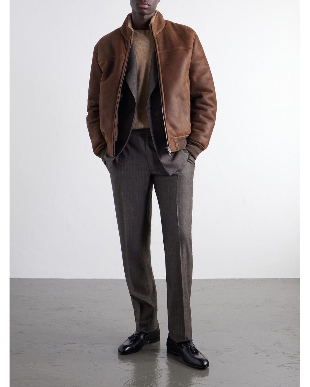 Canali Brown Shearling-Lined Full-Grain Leather Jacket for men
