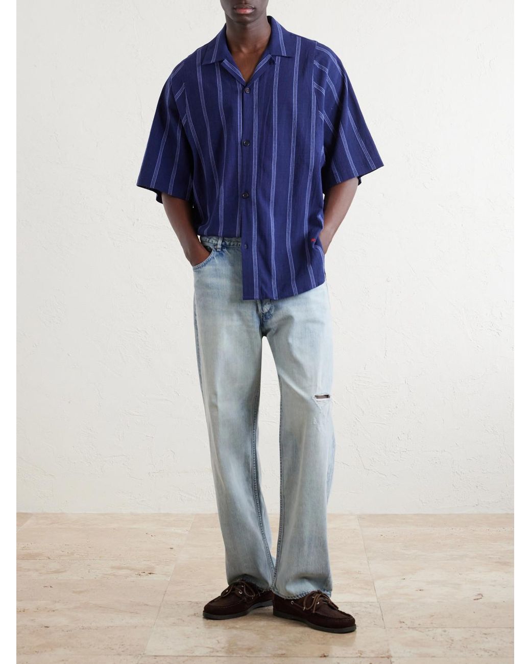 Kardo Blue Yusuke Camp-Collar Striped Cotton Shirt for men