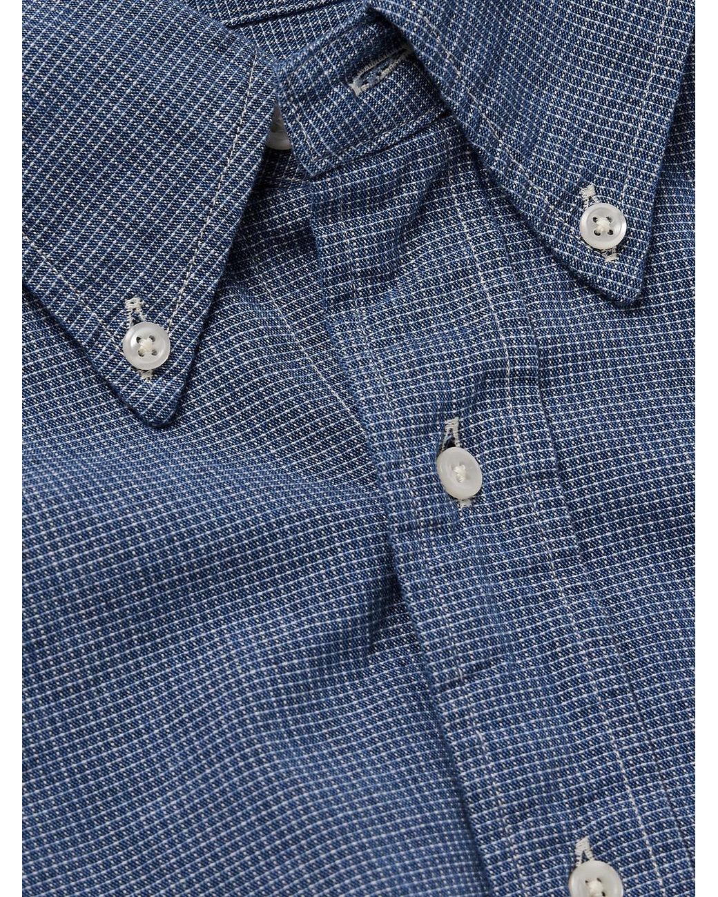 Orslow Blue Button-Down Collar Checked Cotton-Chambray Shirt for men