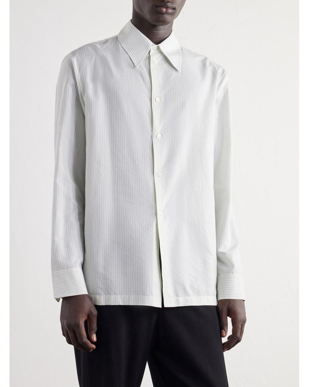 Bottega Veneta White Classic-collar Logo-embroidered Striped Cotton-poplin Shirt for men