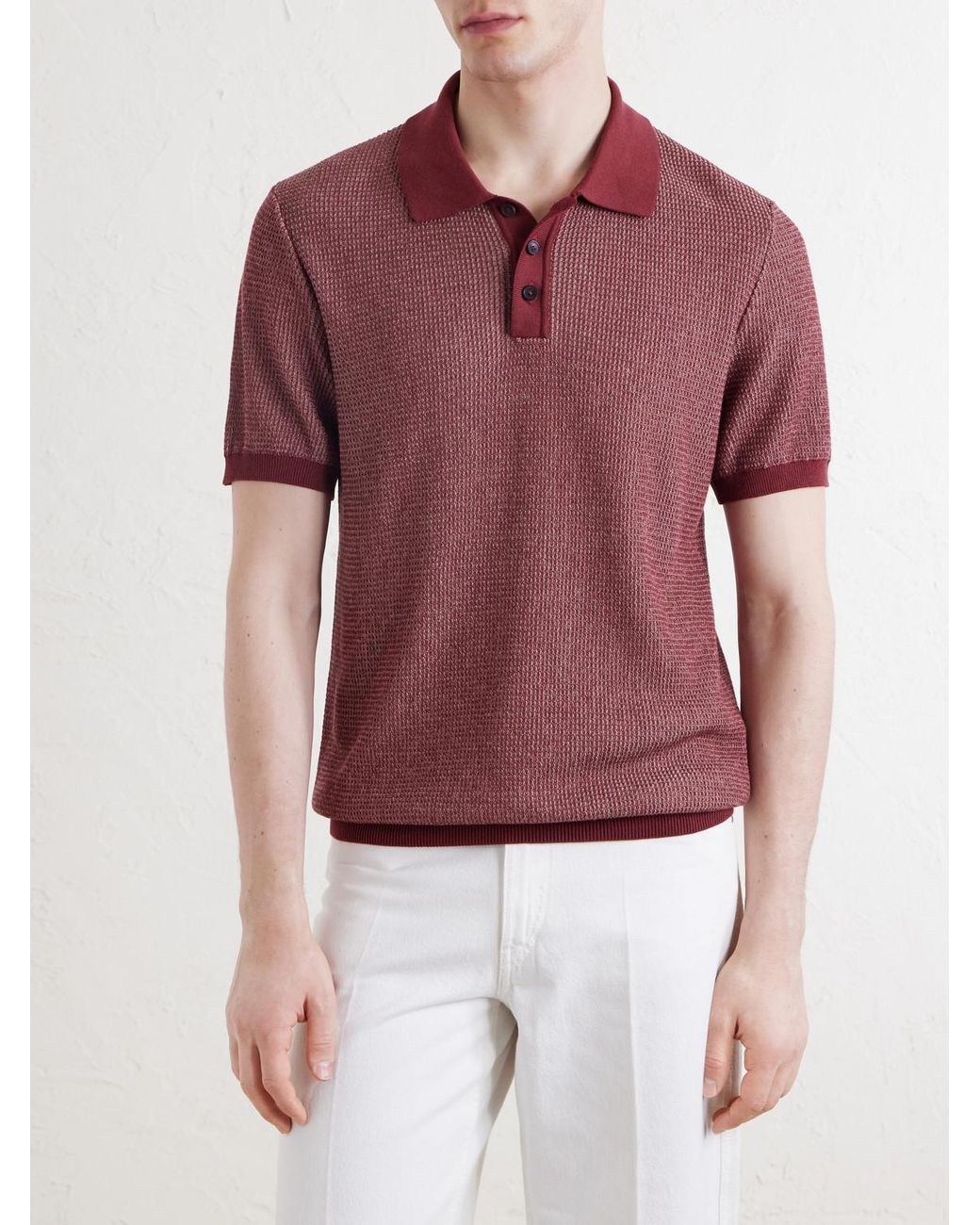Mr P. Red Honeycomb-Knit Silk And Cotton-Blend Polo Shirt for men
