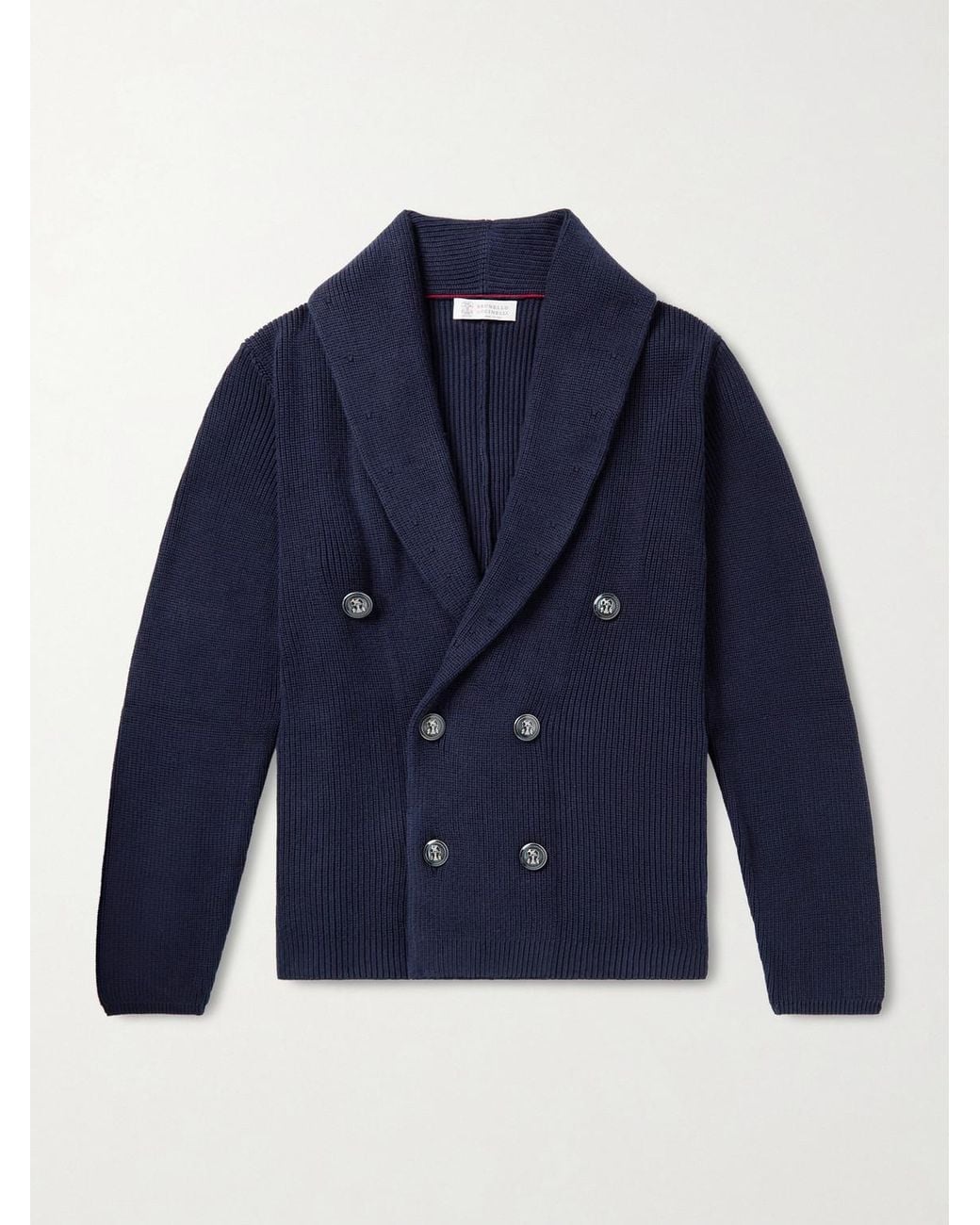 Brunello Cucinelli Blue Shawl-Collar Double-Breasted Ribbed Cotton Cardigan for men