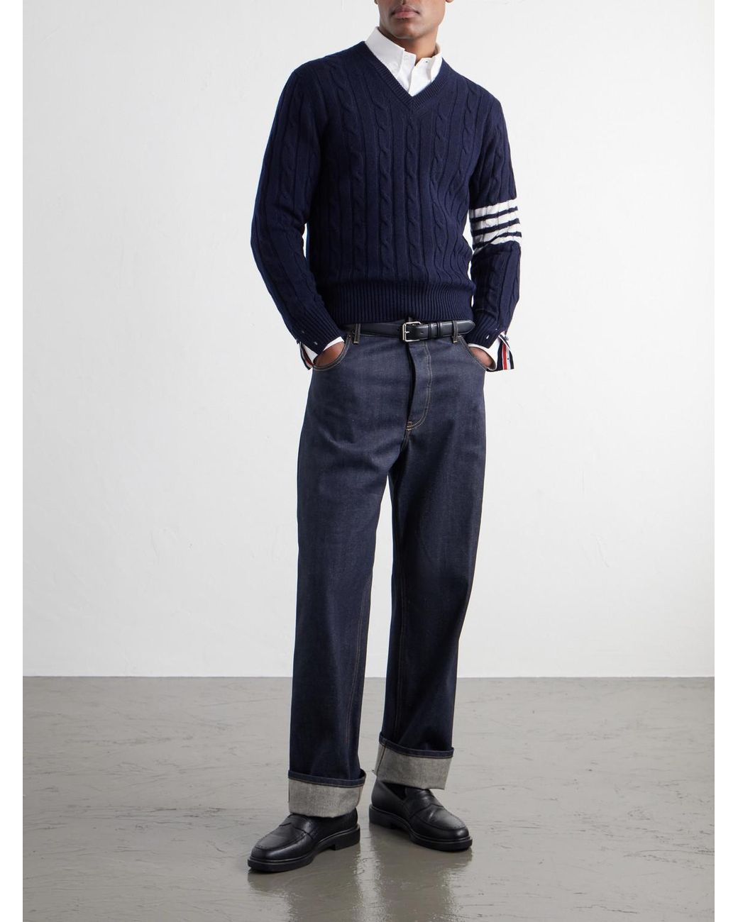 Thom Browne Blue 4-Bar Stripe Cable-Knit Cashmere Sweater for men