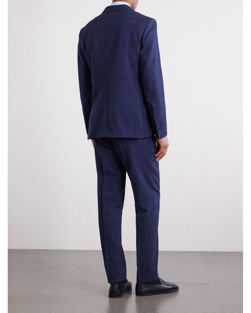 Mr P. Blue Double-Breasted Checked Wool-Blend Suit Jacket for men