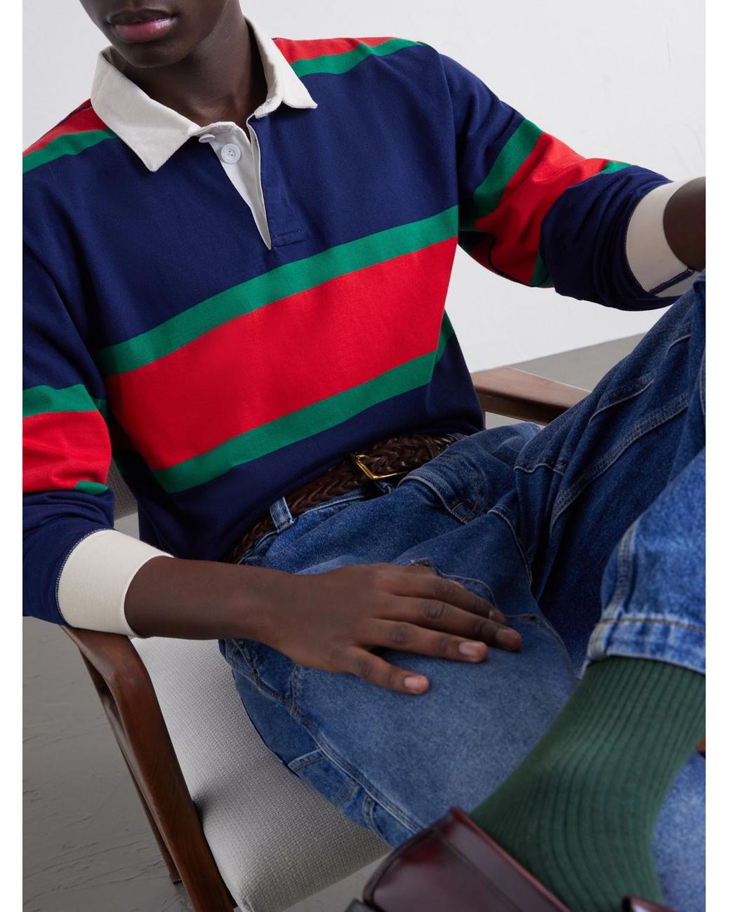 Drake's Blue Striped Twill-Trimmed Cotton-Jersey Polo Shirt for men