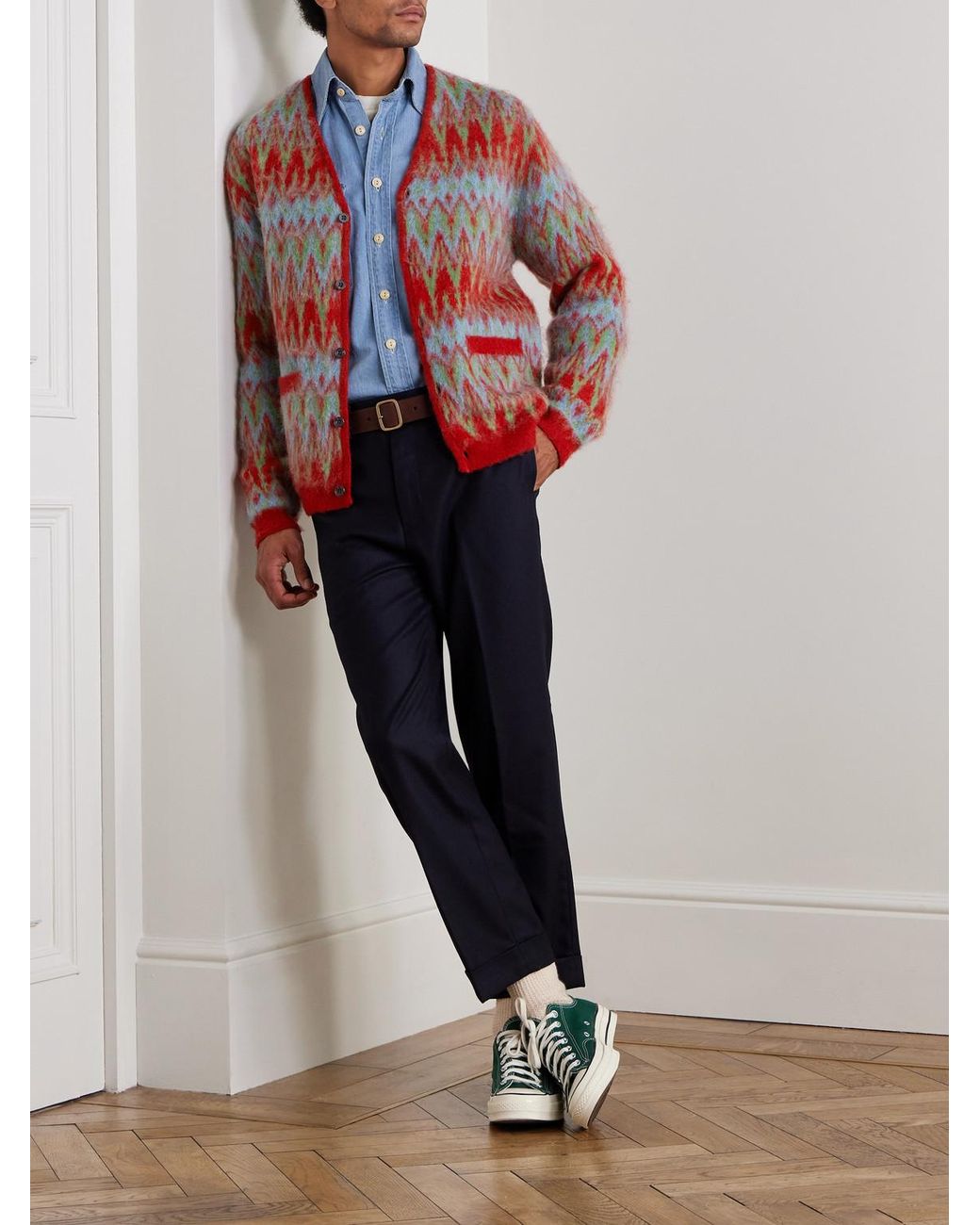 Beams Plus Red Jacquard-Knit Cardigan for men