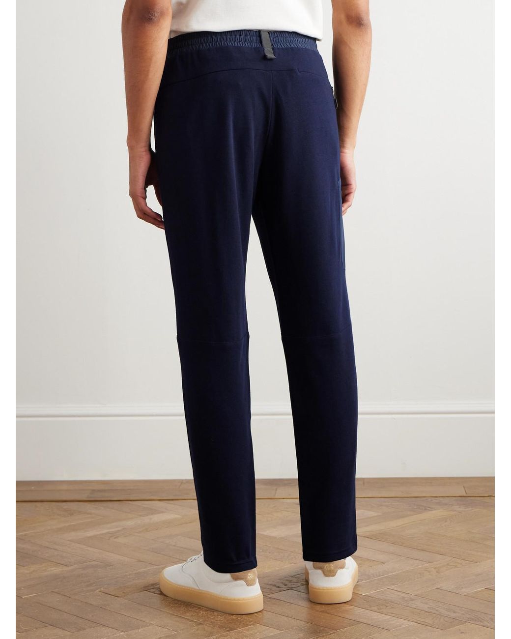 Sease Blue Straight-Leg Shell-Trimmed Wool-Blend Drawstring Trousers for men