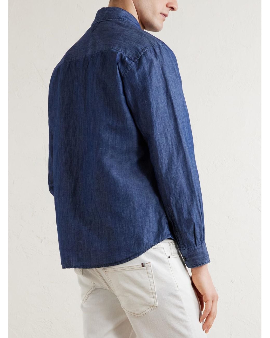 Canali Blue Button-Down Collar Cotton And Linen-Blend Shirt for men