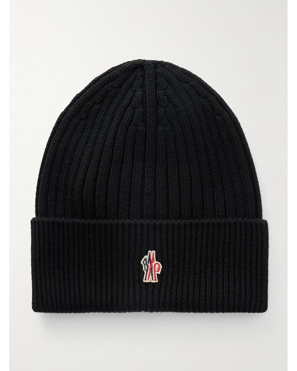 Moncler Black Logo-Appliquéd Ribbed Virgin Wool Beanie for men