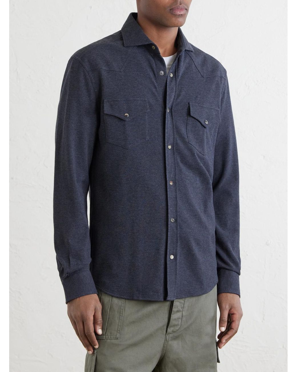 Brunello Cucinelli Blue Honeycomb-Knit Cotton Shirt for men