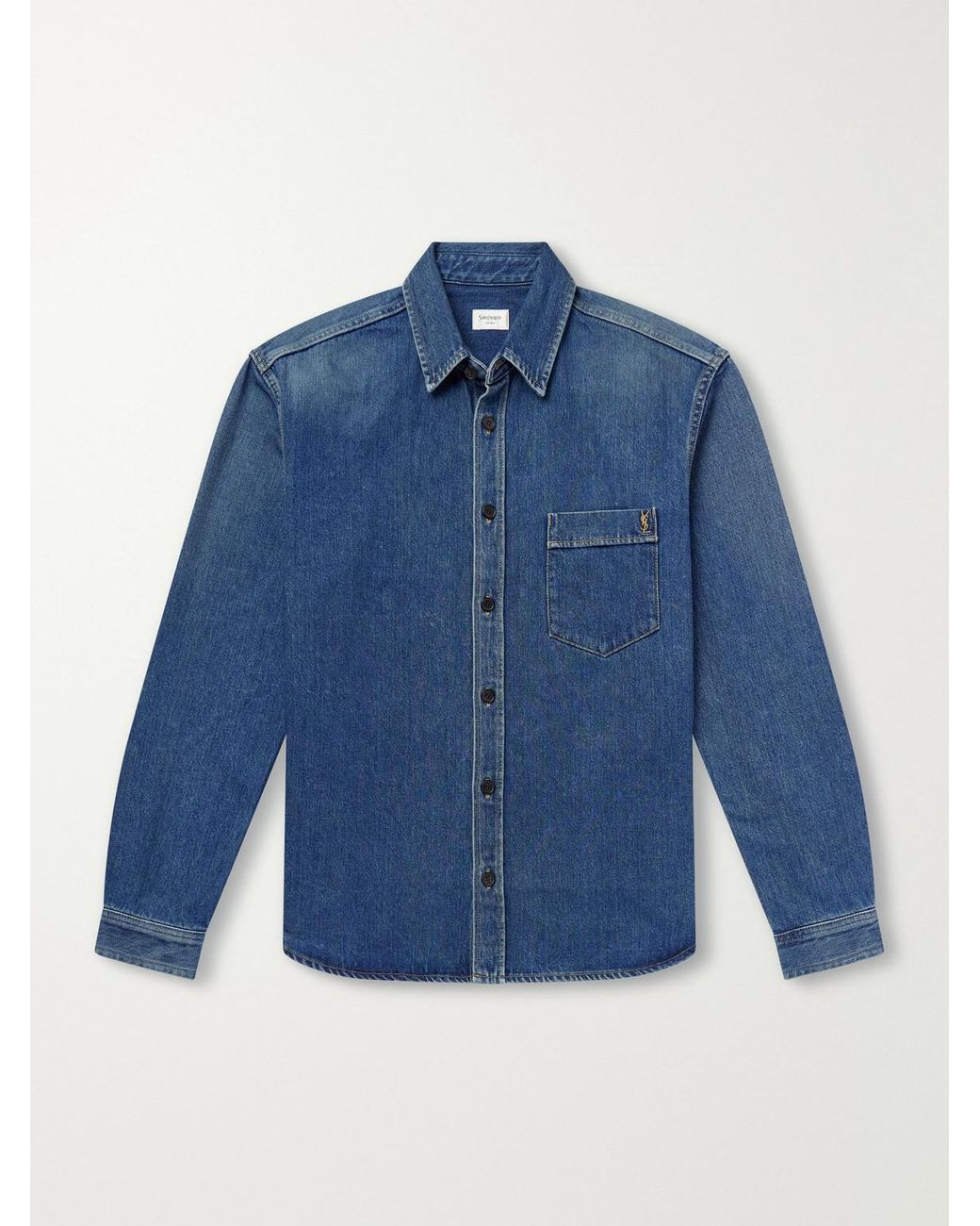 Saint Laurent Blue Logo-Embroidered Denim Shirt for men