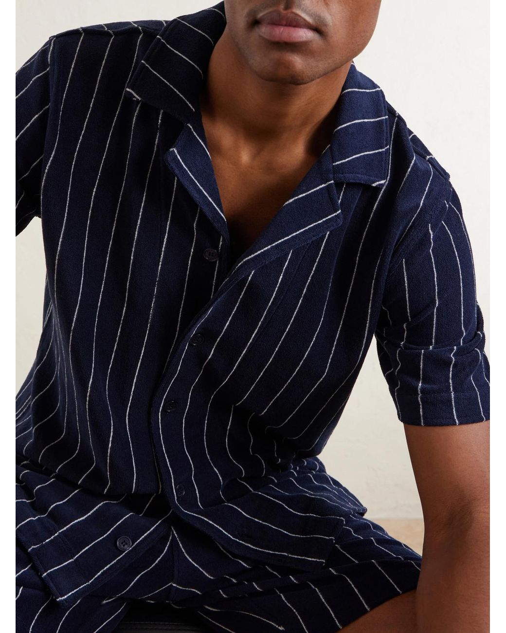 Orlebar Brown Blue Hawkin Stripe Towelling Cotton Shirt for men