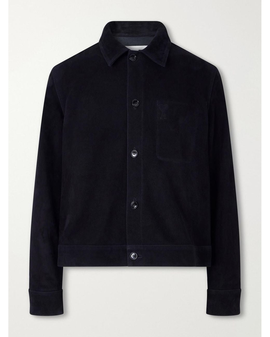 AMI Blue Logo-Embossed Suede Jacket for men