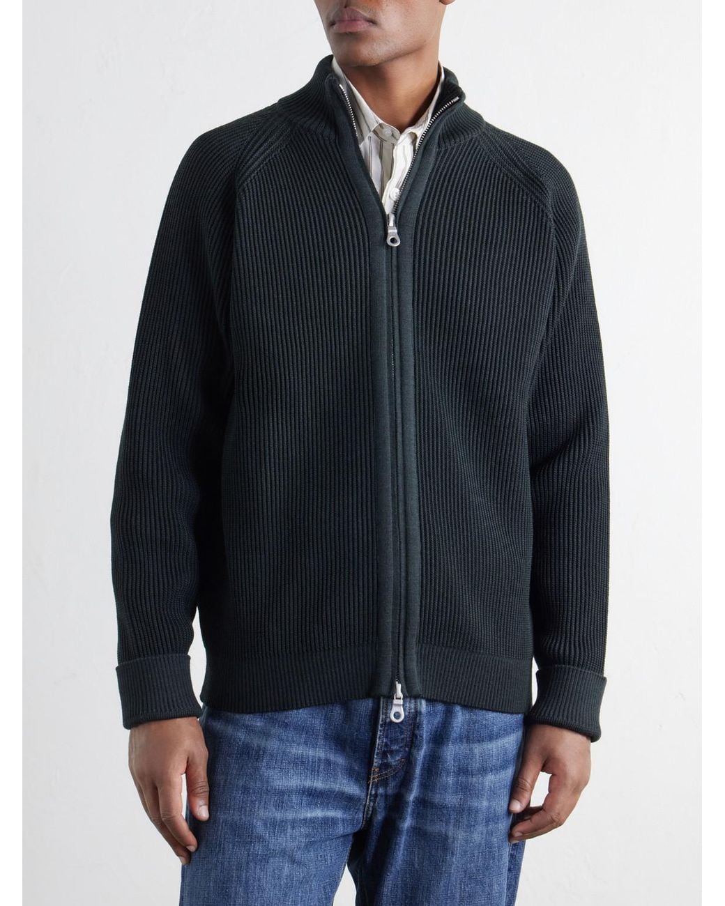 S.N.S Herning Blue Render Ribbed Virgin Wool Zip-Up Sweater for men