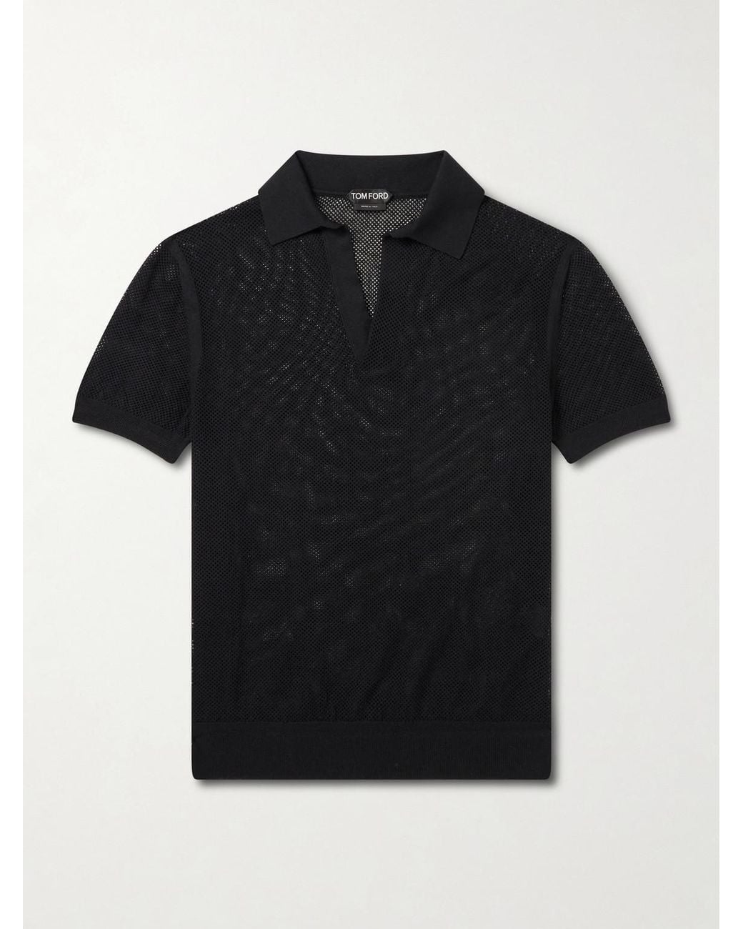 Tom Ford Black Open-knit Sea Island Cotton And Silk-blend Polo Shirt for men