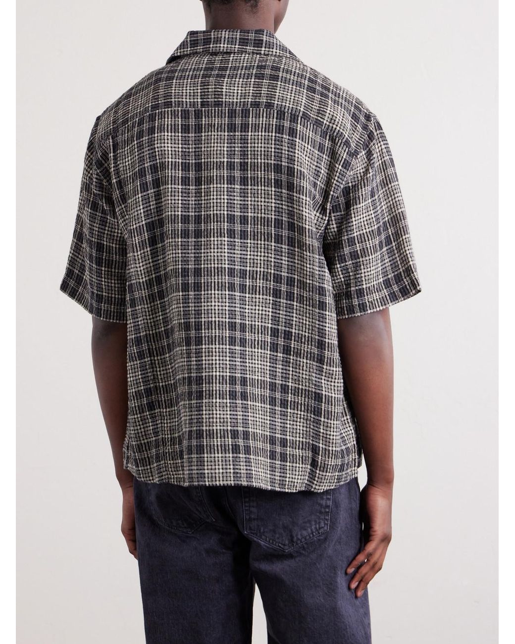 Corridor NYC Gray Camp-Collar Checked Seersucker Shirt for men