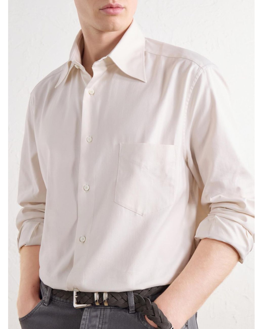 Brunello Cucinelli Natural Button-Down Cotton-Poplin Shirt for men