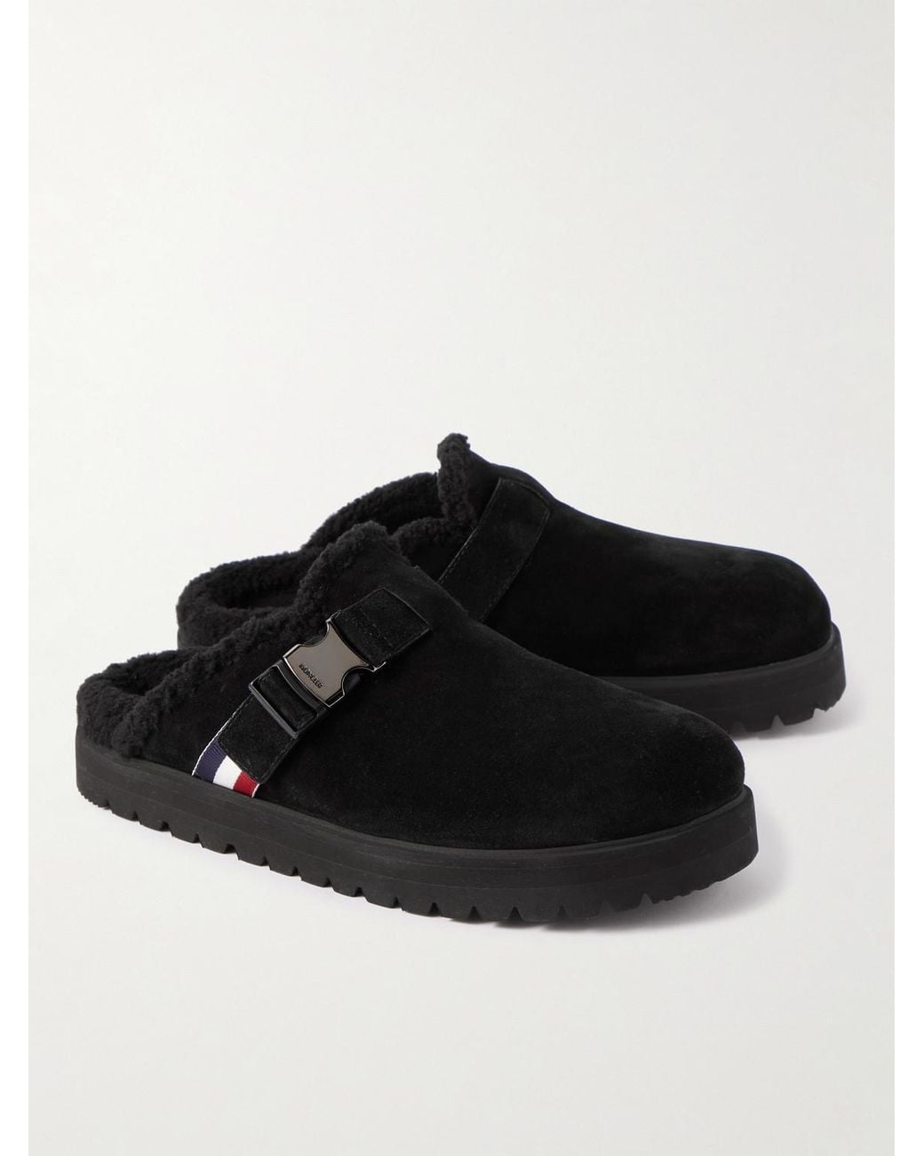 Moncler Black Fleece-Lined Suede Clogs for men