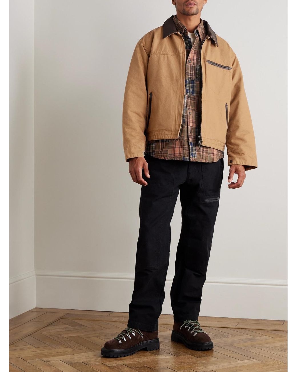 FRIZMWORKS Leather-Trimmed Distressed Cotton-Canvas Jacket in Natural für Herren