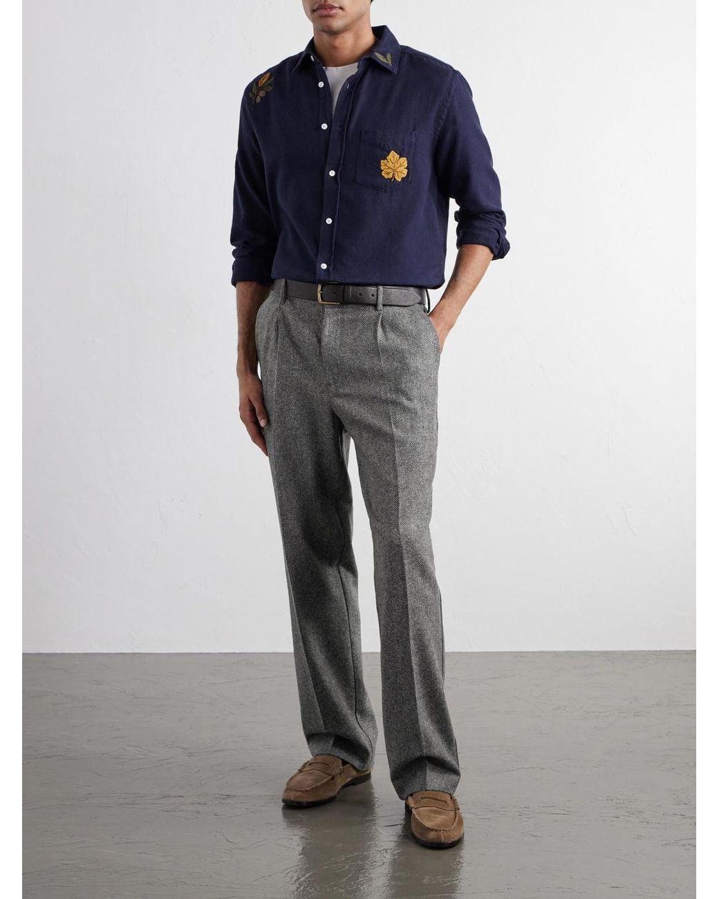 Portuguese Flannel Gray Straight-Leg Pleated Wool Herringbone Trousers for men