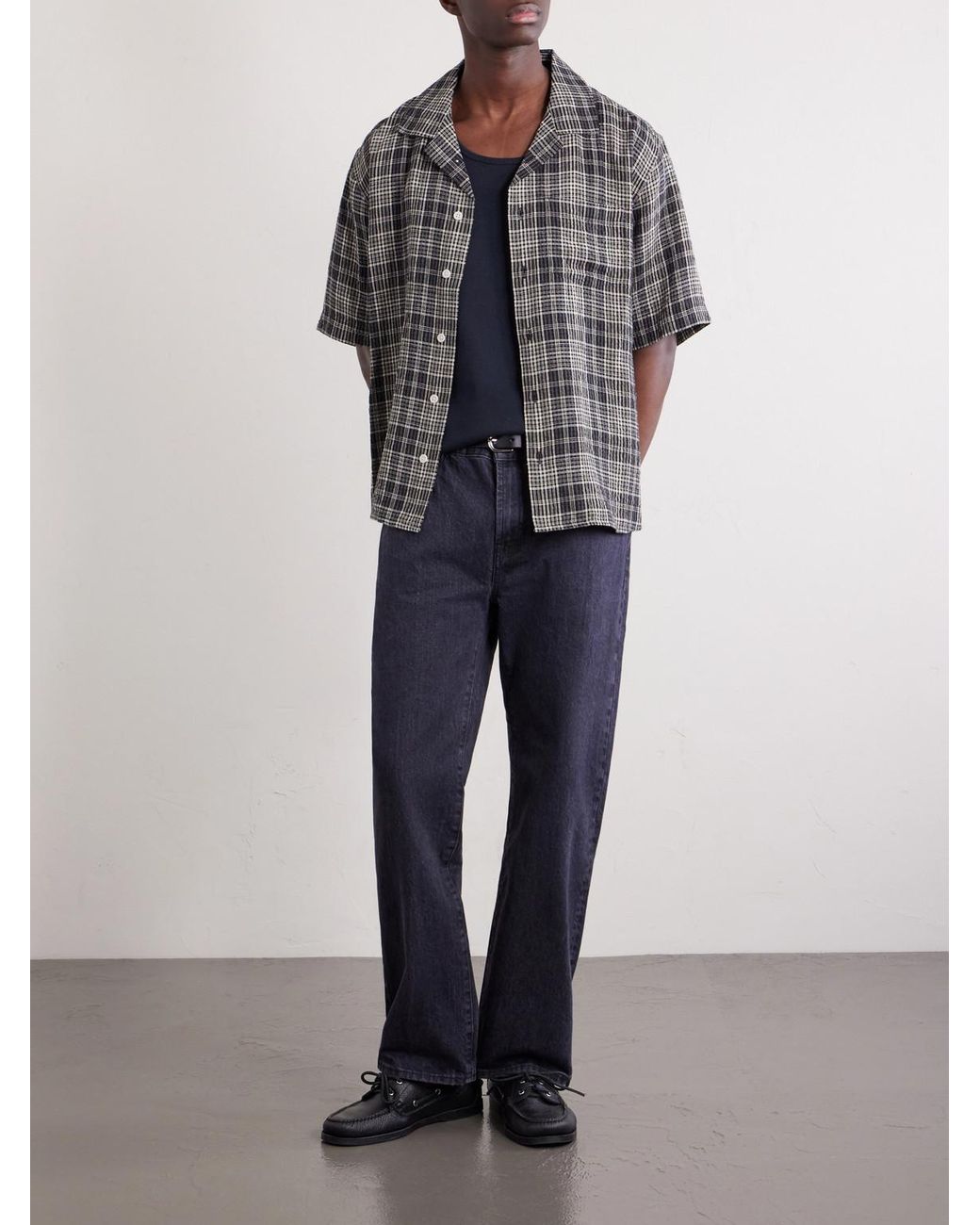 Corridor NYC Gray Camp-Collar Checked Seersucker Shirt for men