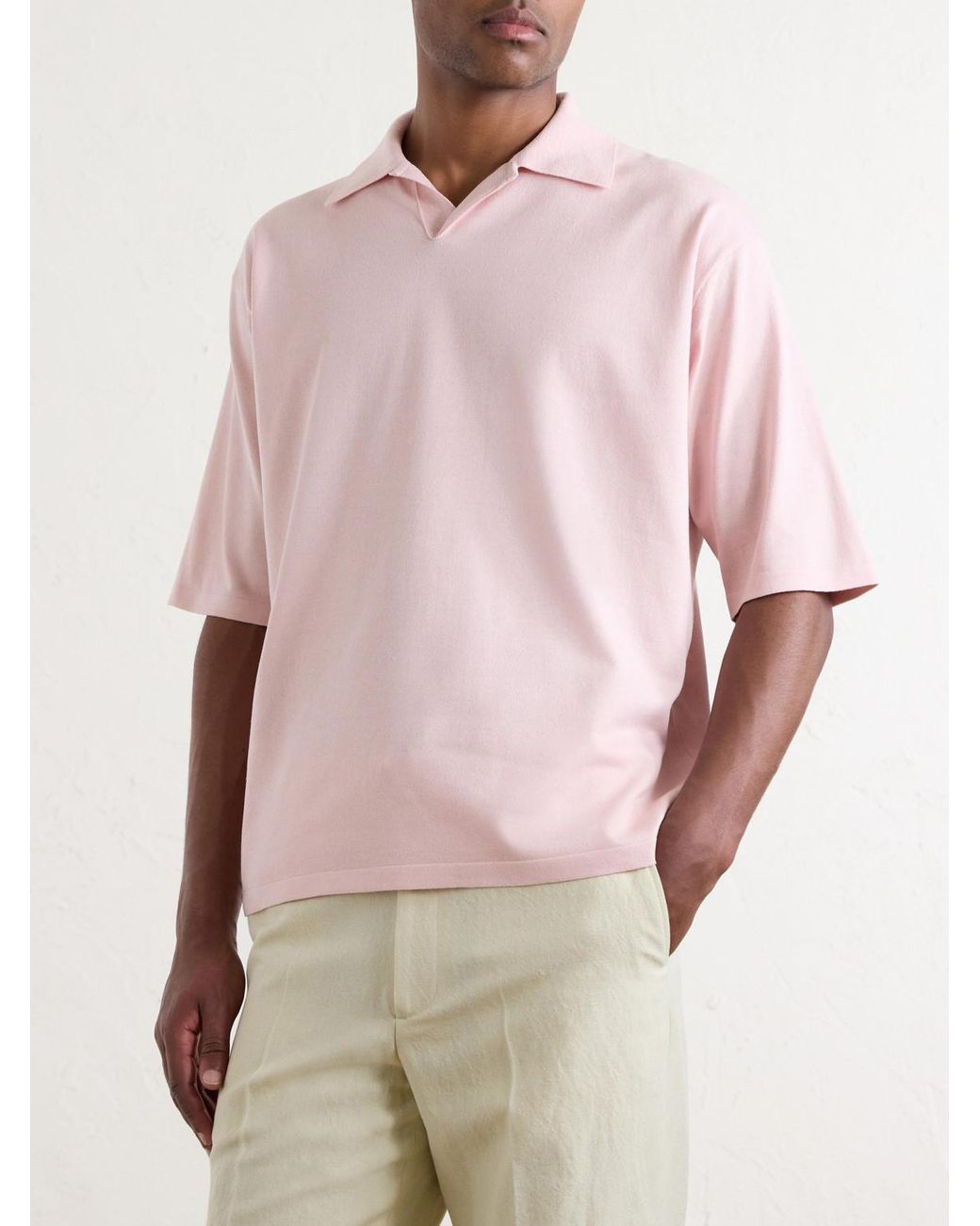 Auralee Pink Knitted Silk Polo Shirt for men