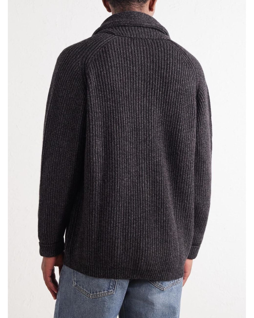 N.Peal Cashmere Black Kensington Shawl-Collar Ribbed Cashmere Cardigan for men