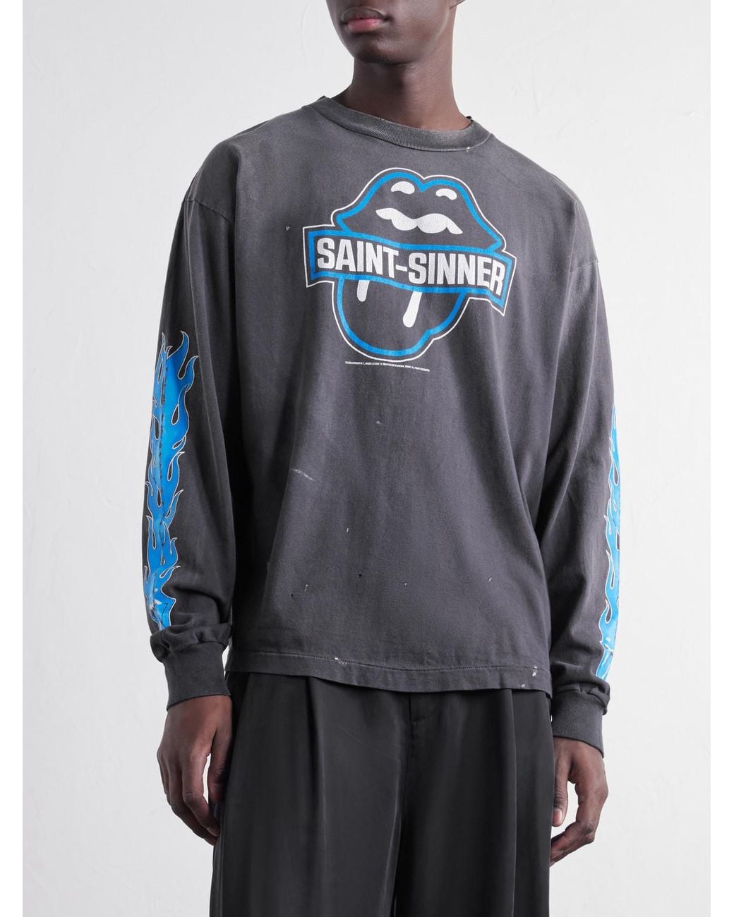 SAINT Mxxxxxx Blue The Rolling Stones Fire Printed Distressed Cotton-Jersey T-Shirt for men